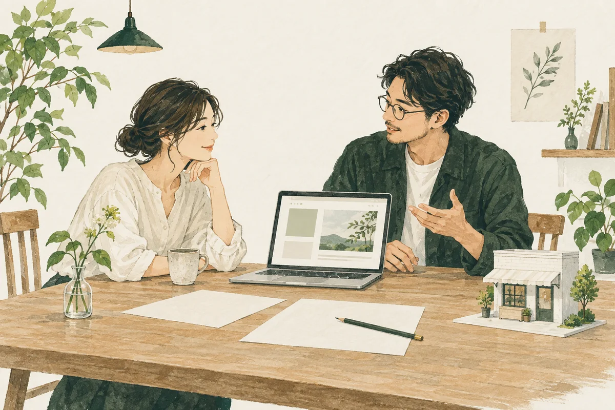 お店や事業のアイデアを、制作パートナーと一緒に広げていく相談風景を描いたコンセプトイラスト