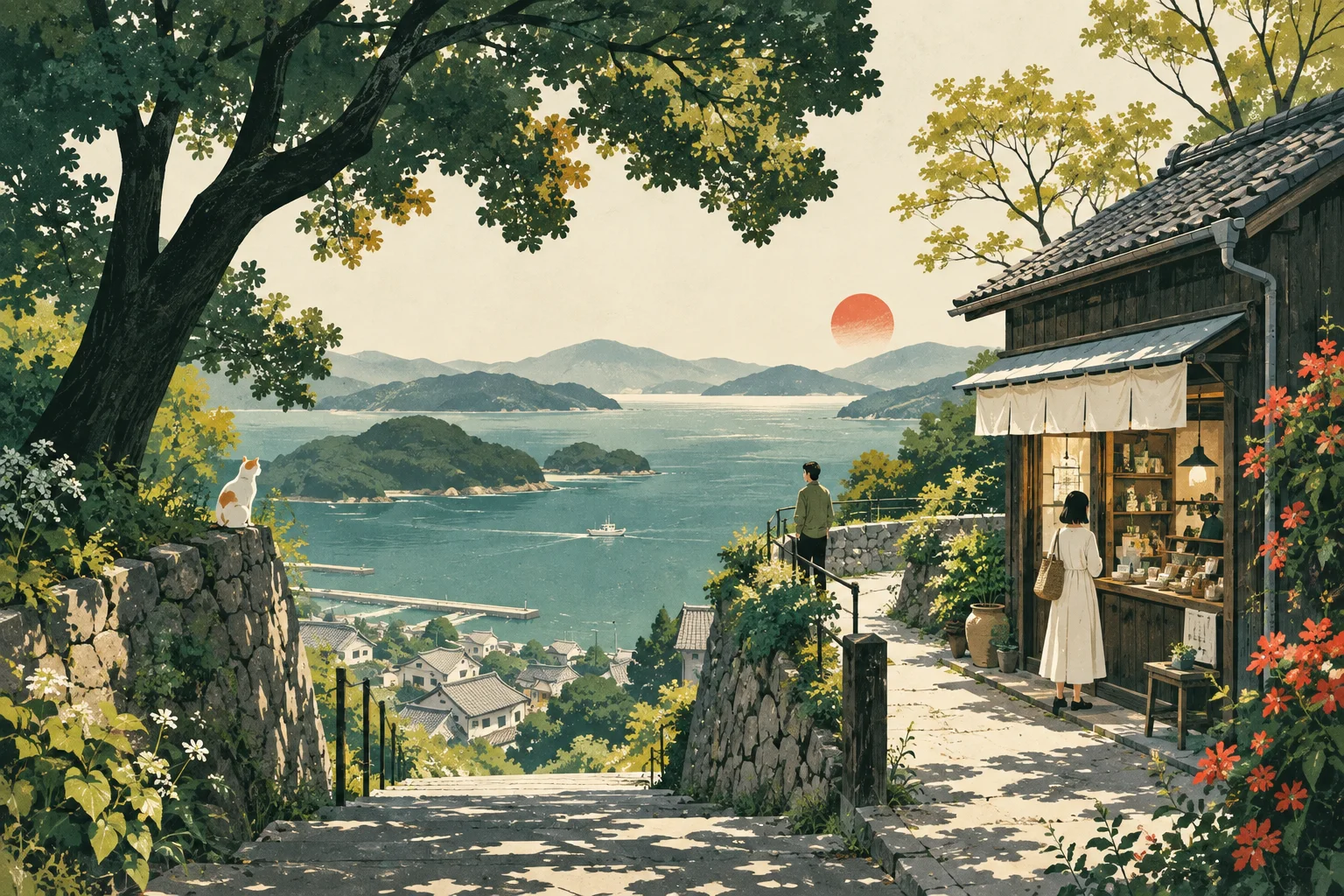 海辺の小さな店の日常を描いたAI生成のコンセプトイラスト