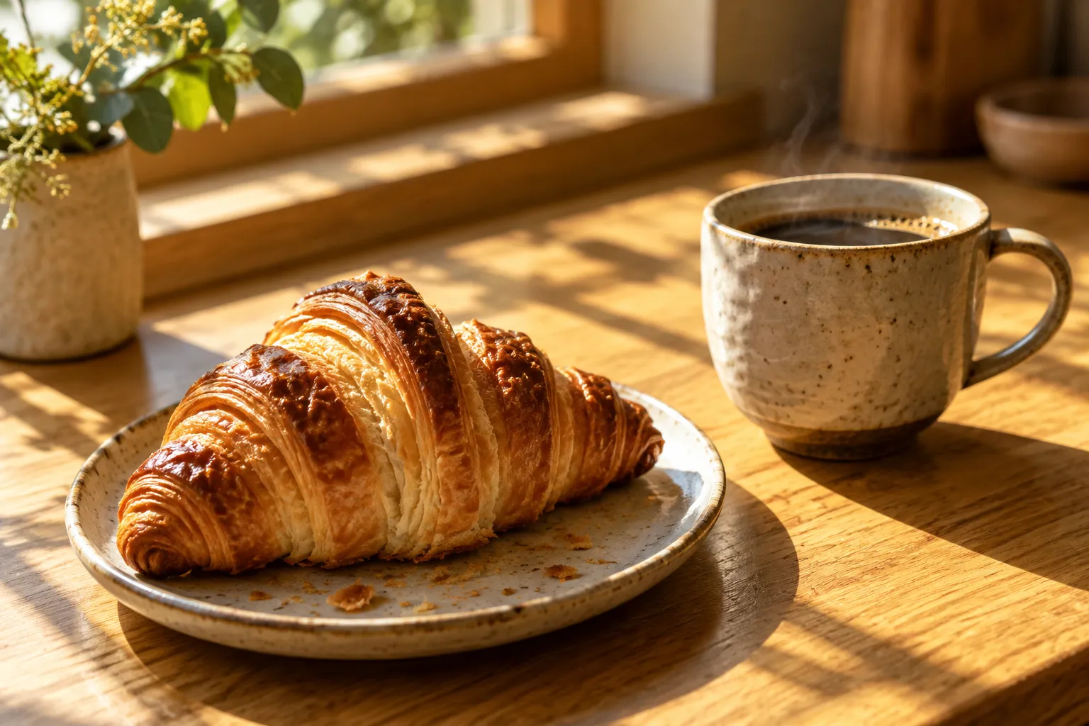 木のカウンターにパンとコーヒーを置いたAIコンセプト