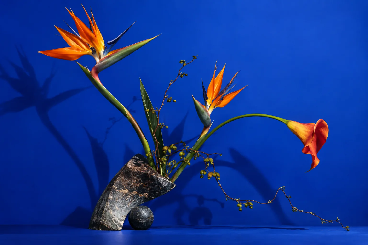 青い背景に橙色の花と曲線の茎を配したAIフラワーアート
