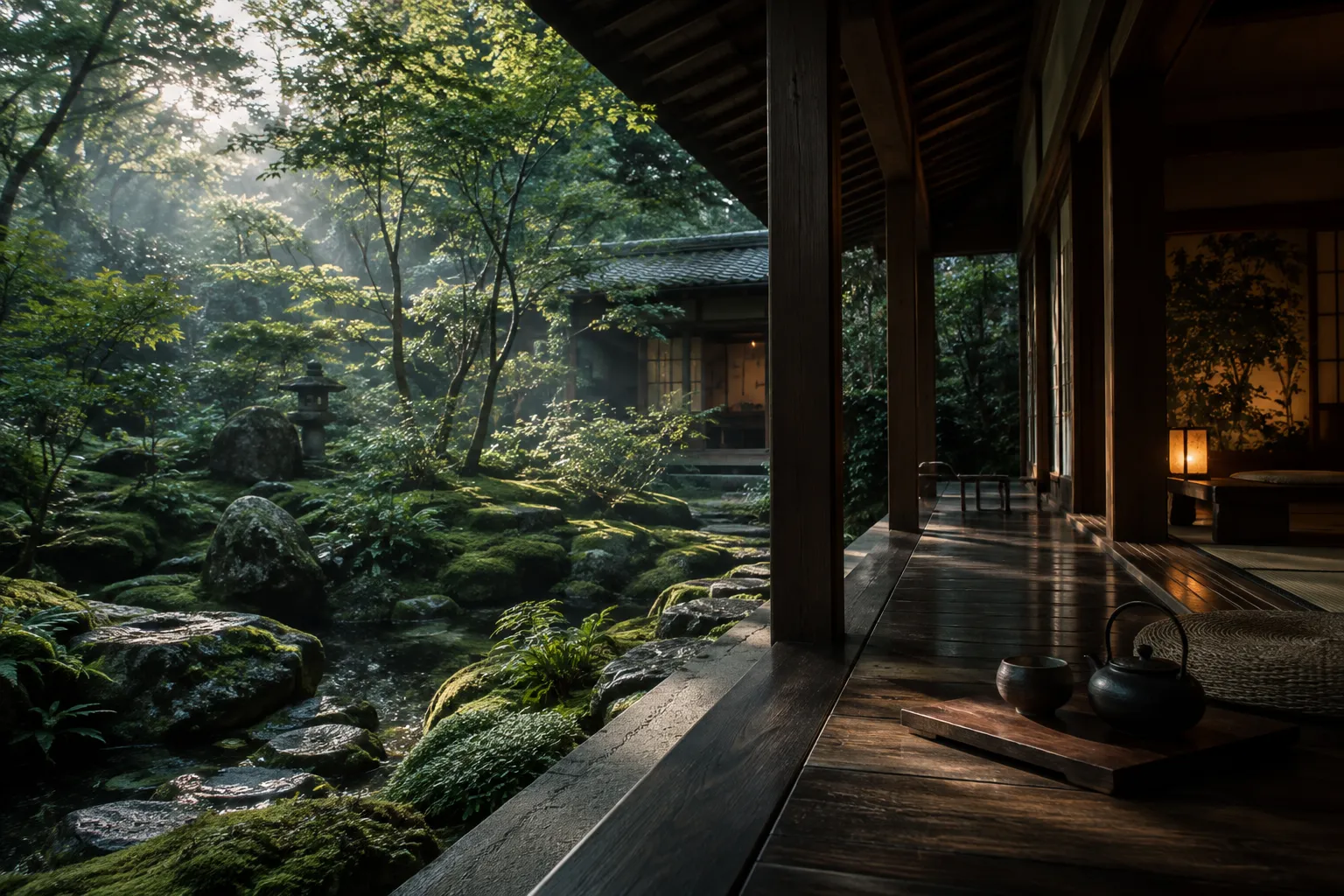 苔庭に面した木造旅宿の縁側を描いたAIコンセプト