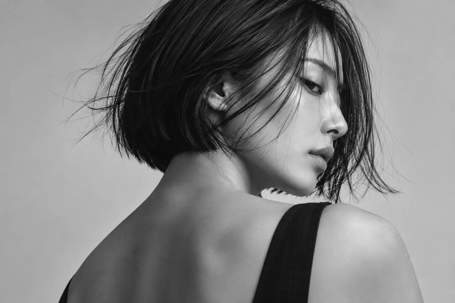 短いボブヘアの成人女性を横から捉えたAIモノクロ写真